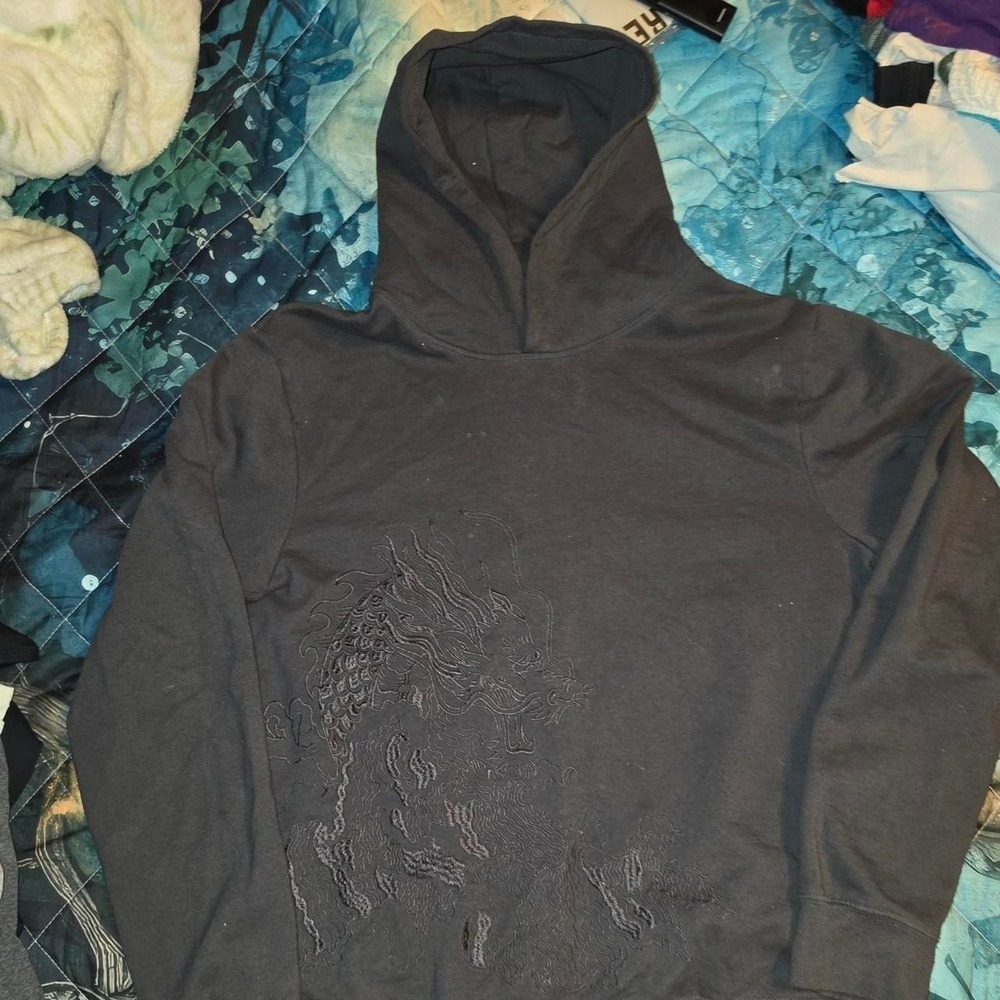 Blind Rooster Mens Gray Embroidered Dragon Hoodie Pullover Size M